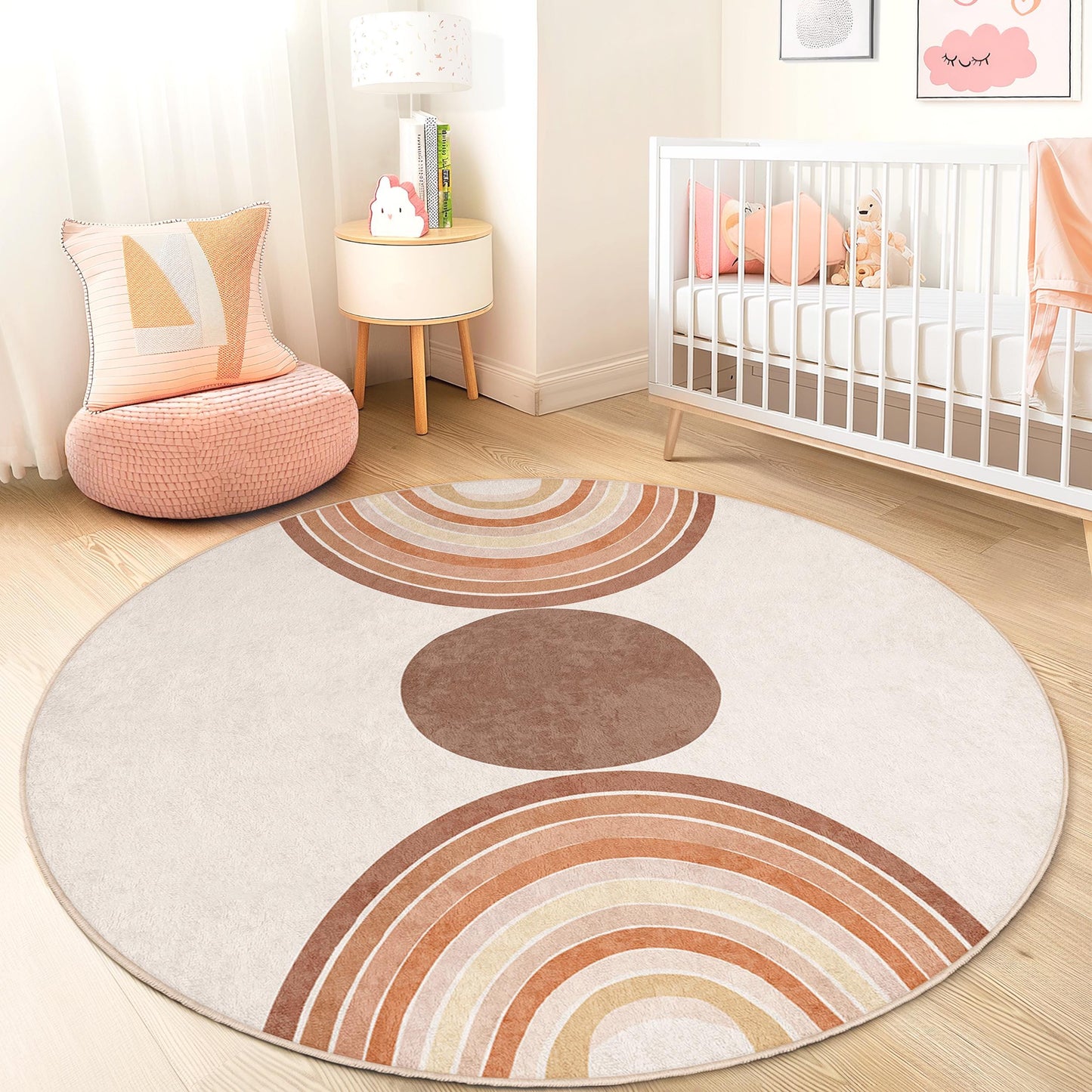 Runder Teppich im Boho-Regenbogen-Stil, weicher runder Teppich, Kinderzimmerdeko, Spielzimmerteppich, Babyzimmerteppich, runde Fußmatte