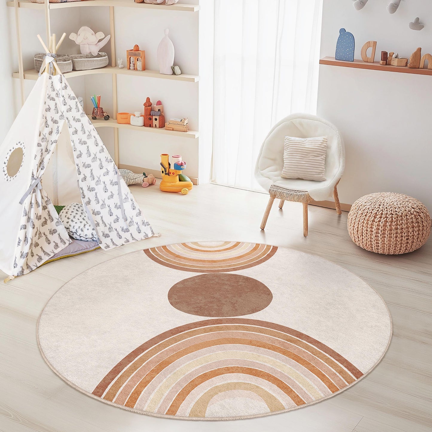 Runder Teppich im Boho-Regenbogen-Stil, weicher runder Teppich, Kinderzimmerdeko, Spielzimmerteppich, Babyzimmerteppich, runde Fußmatte