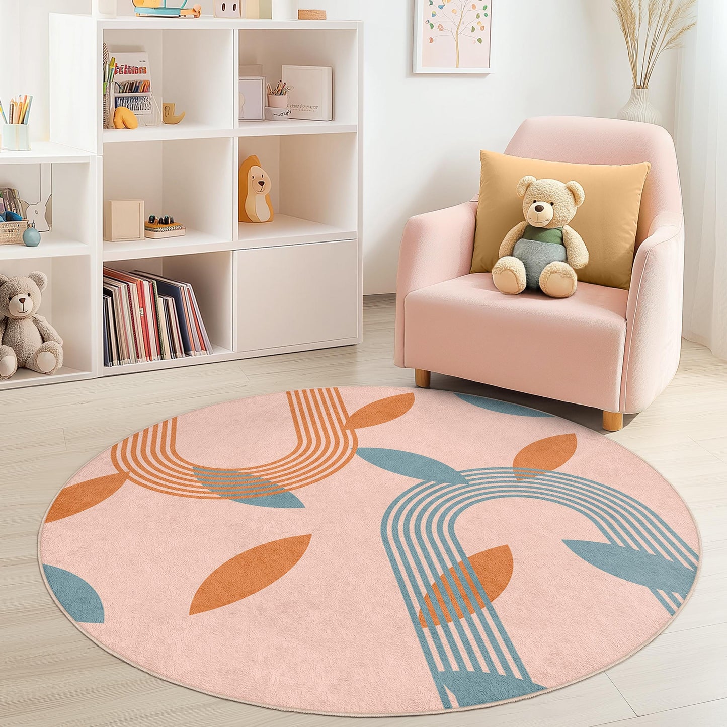 Moderner runder Teppich mit geometrischem Muster, Kinderzimmerteppich mit Blattmuster, weiche Spielmatte für Babyzimmer und Spielzimmer, stilvoller runder Teppich
