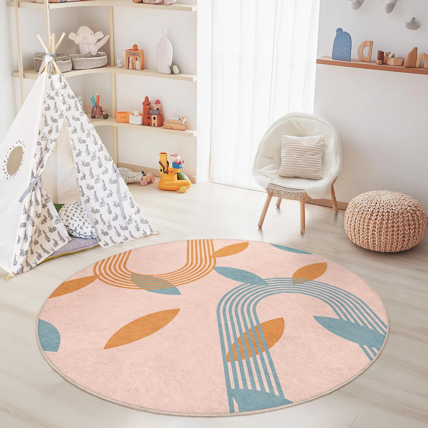 Moderner runder Teppich mit geometrischem Muster, Kinderzimmerteppich mit Blattmuster, weiche Spielmatte für Babyzimmer und Spielzimmer, stilvoller runder Teppich
