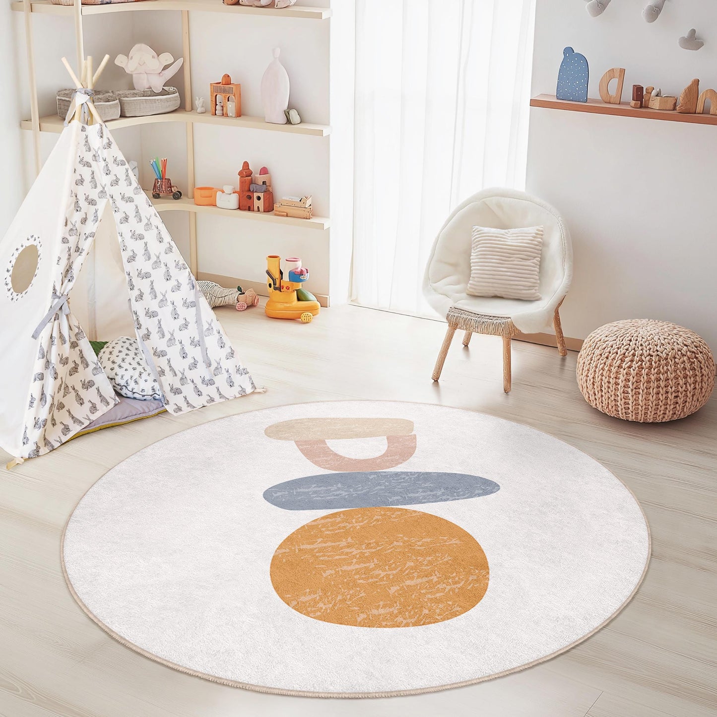 Abstrakter runder Kinderteppich, weicher Kinderzimmerteppich, Spielzimmerdekoration, moderne Spielmatte, Babyzimmerteppich, farbenfroher runder Teppich
