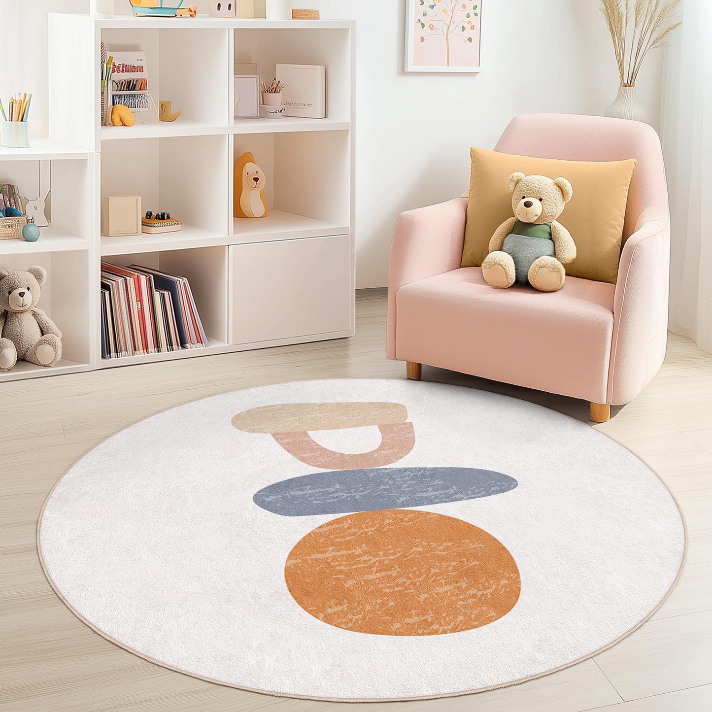 Abstrakter runder Kinderteppich, weicher Kinderzimmerteppich, Spielzimmerdekoration, moderne Spielmatte, Babyzimmerteppich, farbenfroher runder Teppich