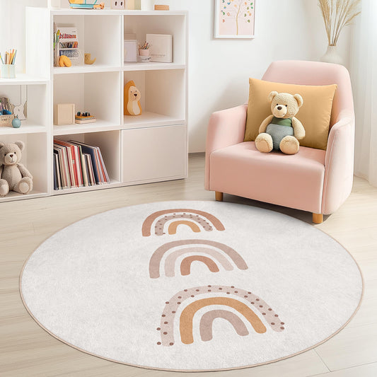 Rainbow Pattern Round Kids Play Rug, Soft Nursery Carpet, Colorful Round Rug for Kids Room, Baby Shower Gift, Playroom Decor