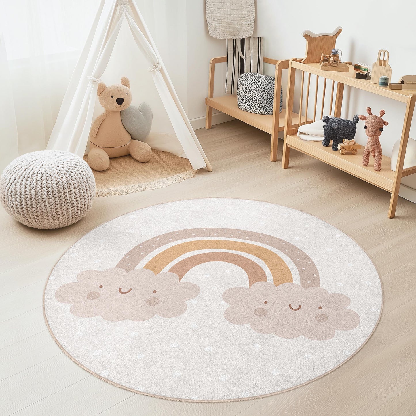 Niedlicher runder Kinderteppich mit Regenbogenwolken, verspielte Kinderzimmerdekoration, weicher runder Teppich fürs Kinderzimmer, kuschelige Spielmatte, Kinderzimmeraccessoires