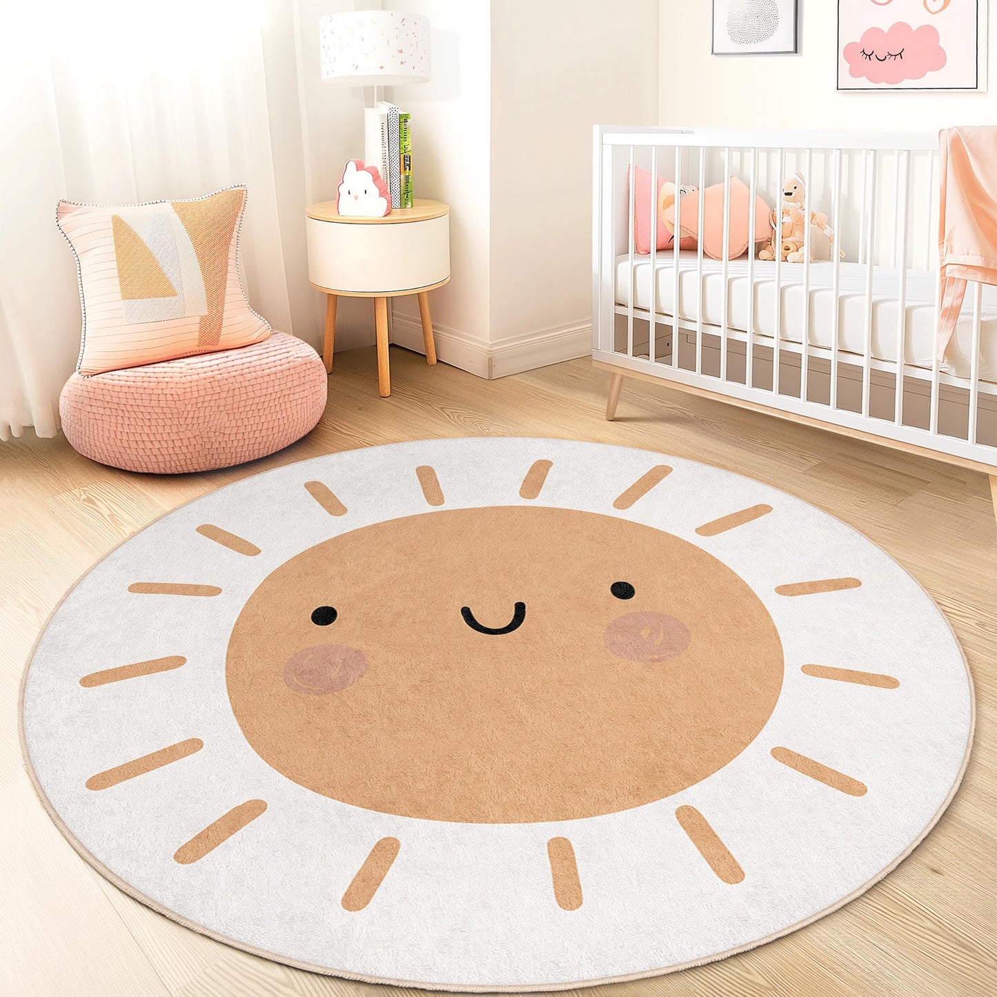 Runder Kinderteppich mit niedlichem Sonnenmotiv, verspieltes Sonnendesign, Kinderzimmerdeko, runder Teppich fürs Babyzimmer, Spielzimmer-Bodenmatte