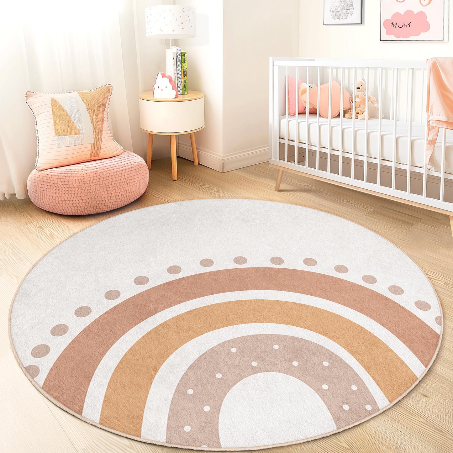 Runder Boho-Regenbogen-Kinderteppich, weicher Kinderzimmerteppich, Spielzimmerdeko, runde Spielmatte, Kinderzimmerteppich, Babyzimmerteppich, gemütliche Kinderzimmerdeko