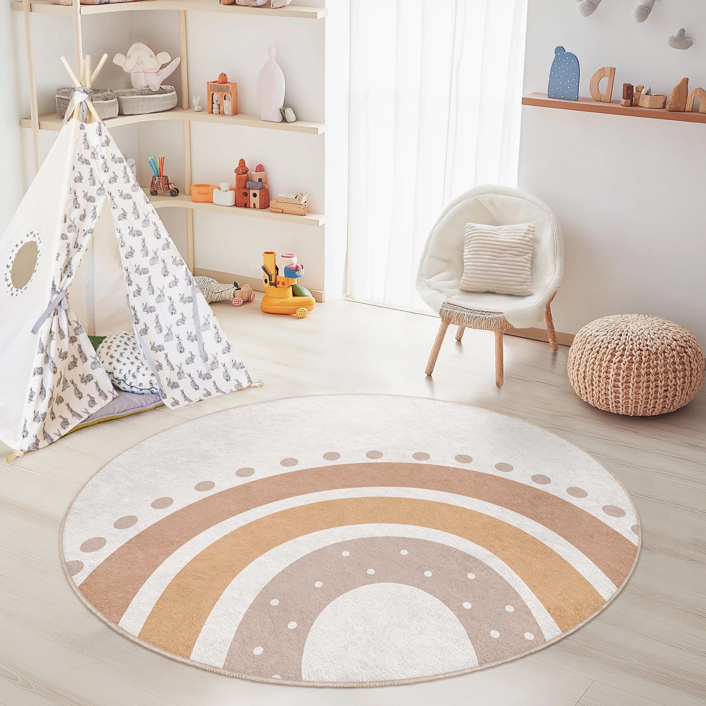 Runder Boho-Regenbogen-Kinderteppich, weicher Kinderzimmerteppich, Spielzimmerdeko, runde Spielmatte, Kinderzimmerteppich, Babyzimmerteppich, gemütliche Kinderzimmerdeko
