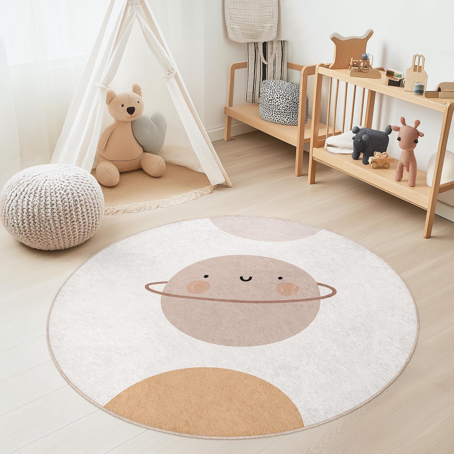 Niedlicher runder Kinderteppich mit Planetenmotiv, Spielmatte mit Weltraummotiv, Spielzimmerdeko, weicher runder Teppich für Kinder, bezaubernder Planetenteppich