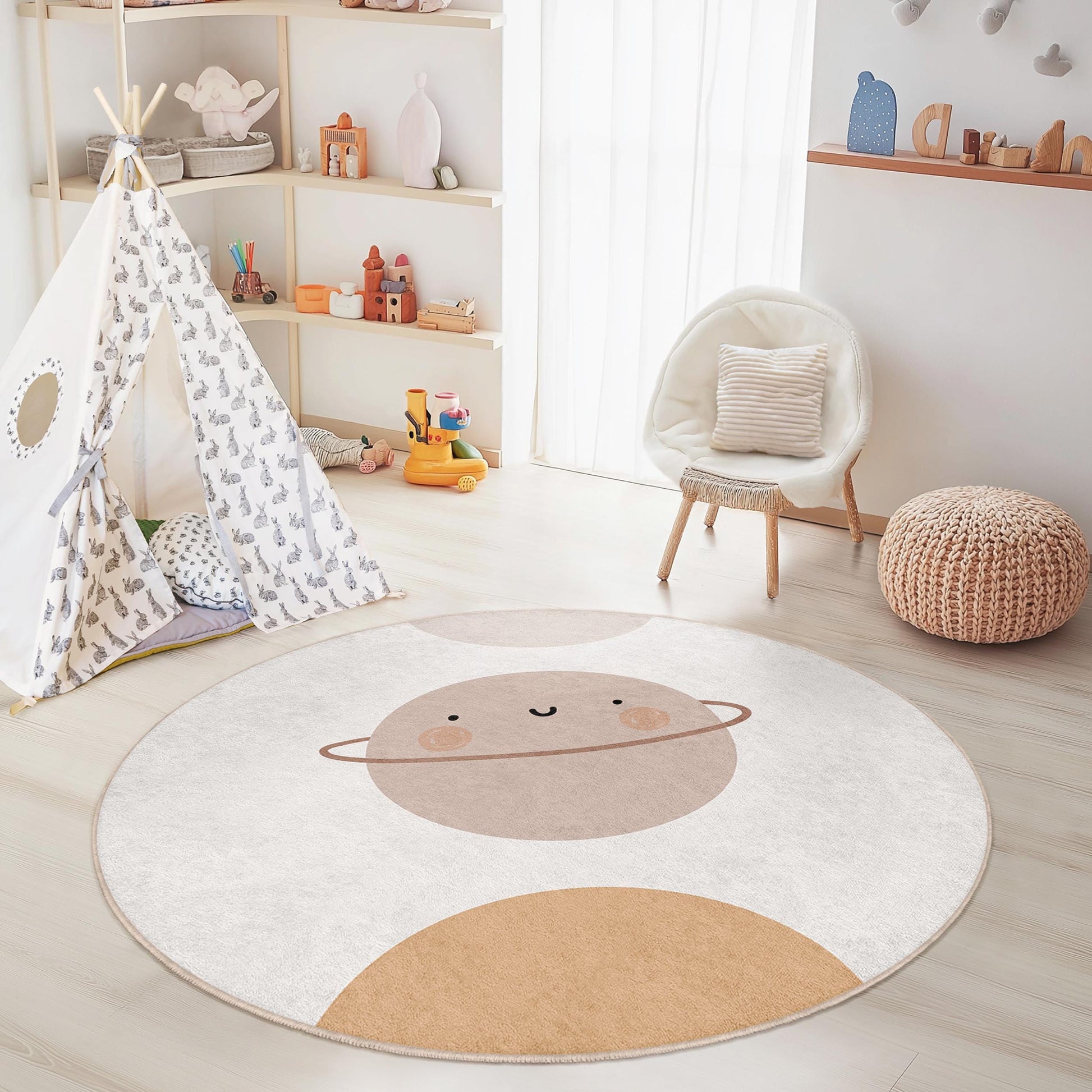 Cute Planet Round Kids Rug, Space Theme Nursery Mat, Playroom Decor, Soft Round Carpet for Children, Adorable Planetary Rug