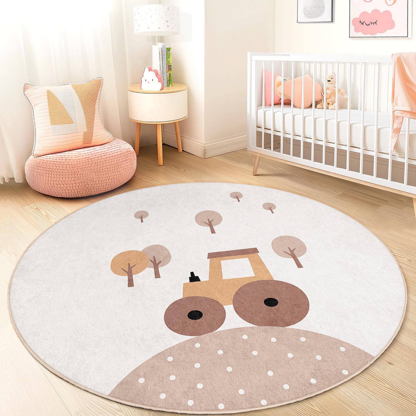 Niedlicher runder Traktor-Kinderteppich, Spielmatte mit Bauernhoftieren, Kinderzimmerdeko, runder Kinderteppich, weicher Spielzimmerteppich, gemütliches Kinderzimmeraccessoire