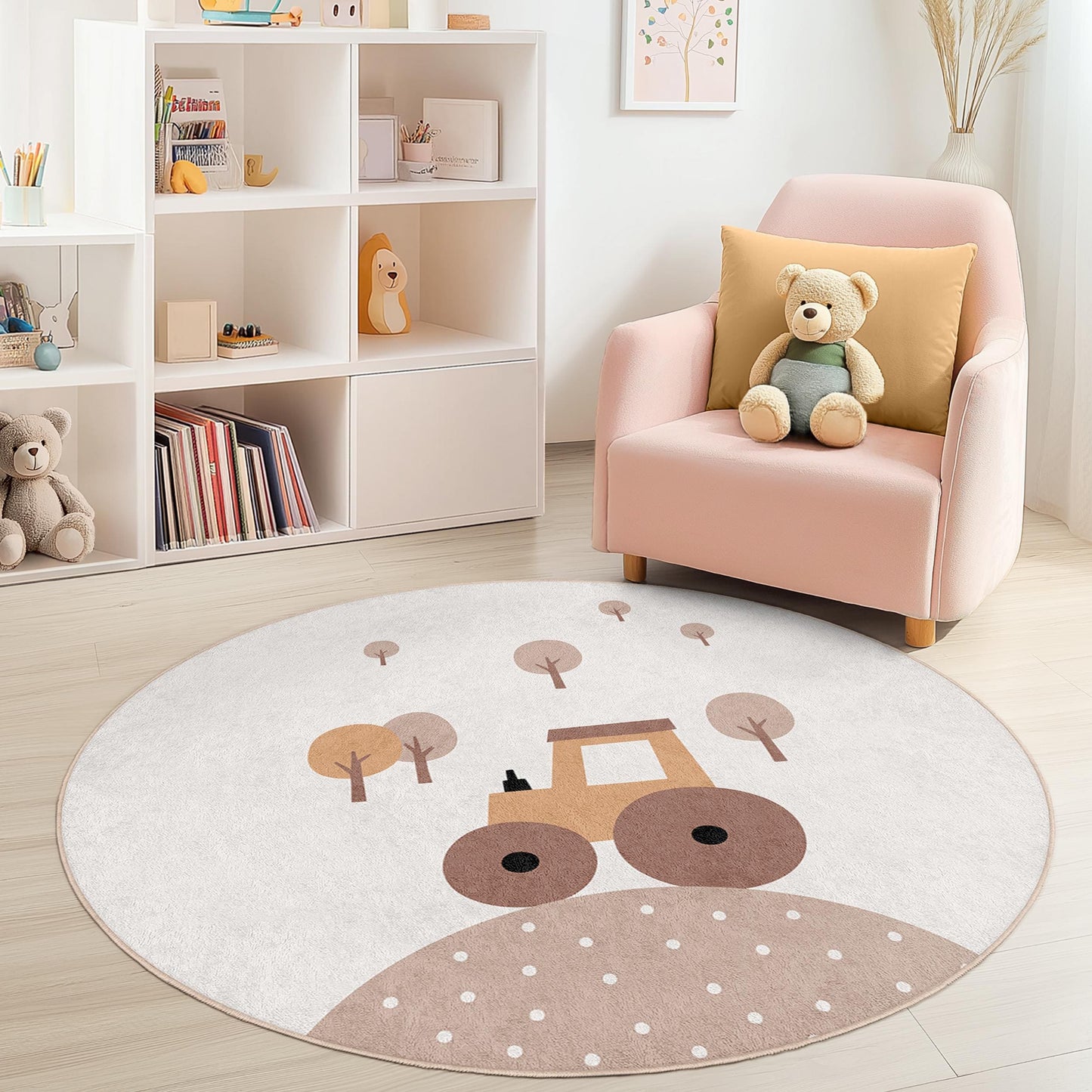 Niedlicher runder Traktor-Kinderteppich, Spielmatte mit Bauernhoftieren, Kinderzimmerdeko, runder Kinderteppich, weicher Spielzimmerteppich, gemütliches Kinderzimmeraccessoire