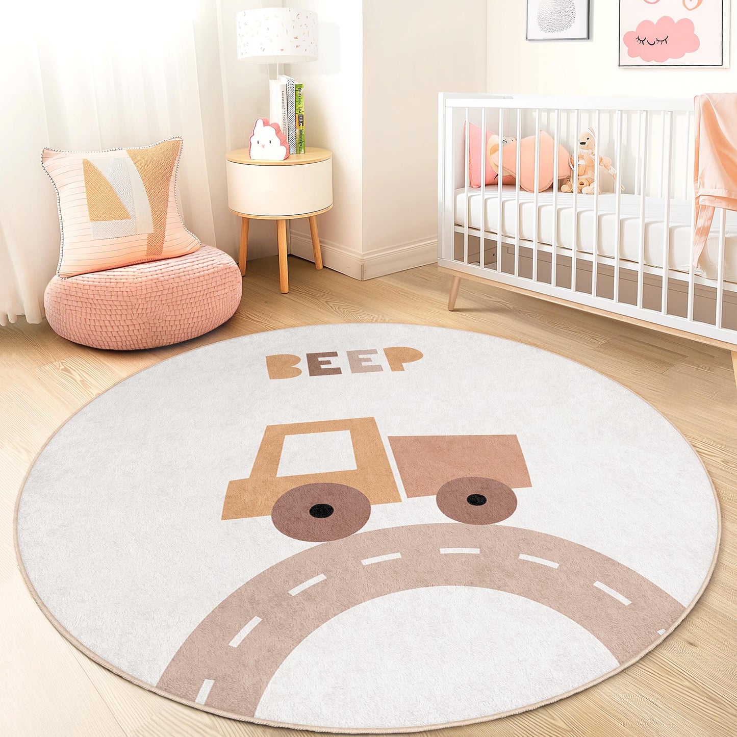 Runder Spielteppich mit Beep-Truck-Motiv, weicher Kinderzimmerteppich, interaktive Spielmatte für Kleinkinder, runde Spielzimmerdekoration, Kinderzimmerteppich