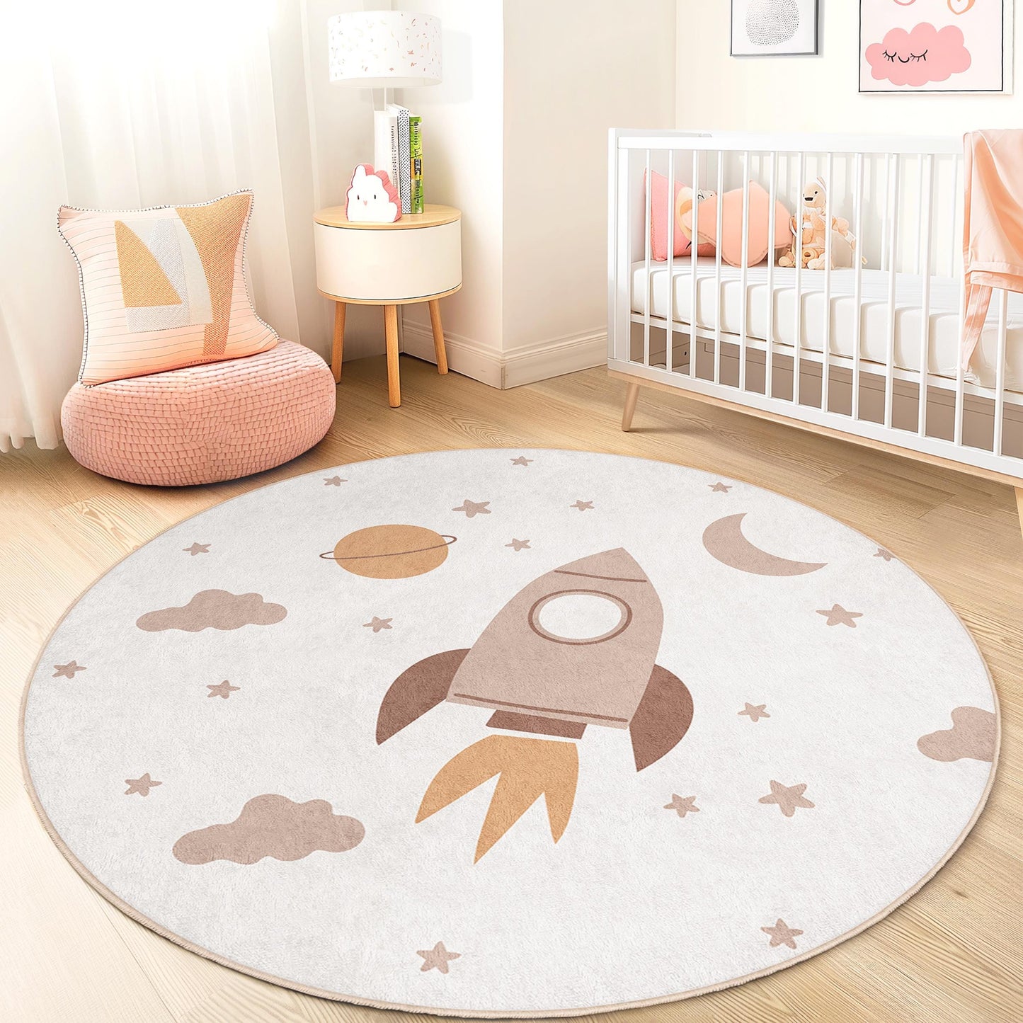 Runder Kinderteppich „Raketenabenteuer“, Weltraum-Kinderzimmerteppich, Spielzimmerdeko, weicher Teppich fürs Kinderzimmer, Spielmatte „Kosmisches Kinderspiel“
