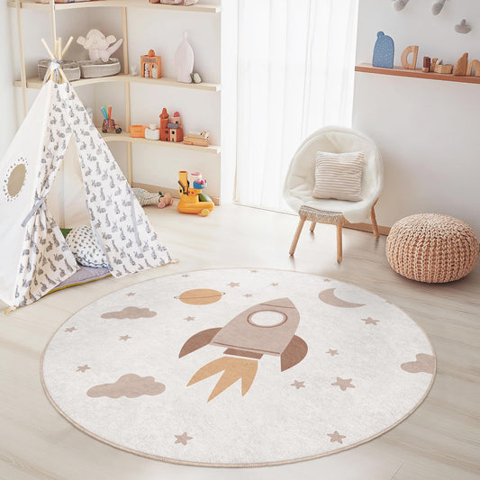 Rocket Adventure Round Kids Rug, Space Theme Nursery Carpet, Playroom Decor, Soft Area Rug for Kids Room, Cosmic Kids Play Mat