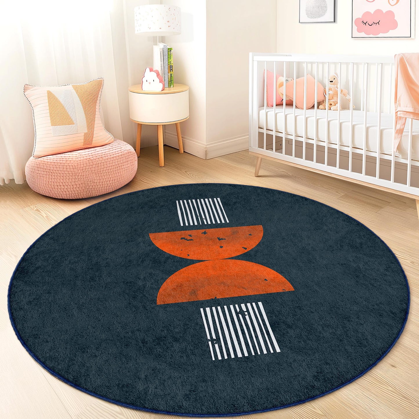 Geometrischer runder Kinderzimmerteppich, moderne Spielmatte, runder Teppich fürs Babyzimmer, weicher Teppich, Kinderzimmerdeko, Spielzimmerboden