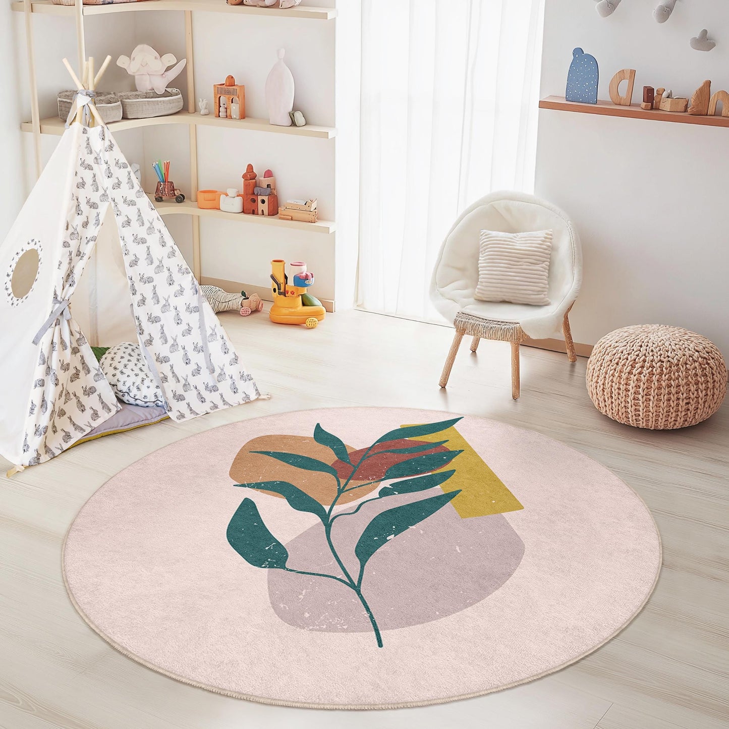Runder Teppich mit abstraktem Blattmuster für Kinderzimmer, moderner runder Teppich mit Blumenmuster, Spielzimmerdekoration, Kinderzimmerteppich, weiche runde Matte