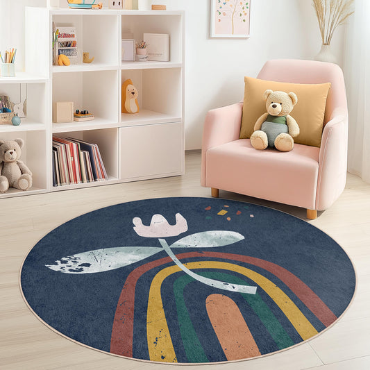 Floral Rainbow Round Kids Rug, Colorful Kids Room Carpet, Nursery Decor, Playroom Rug, Soft Round Area Rug, Flower Theme Rug