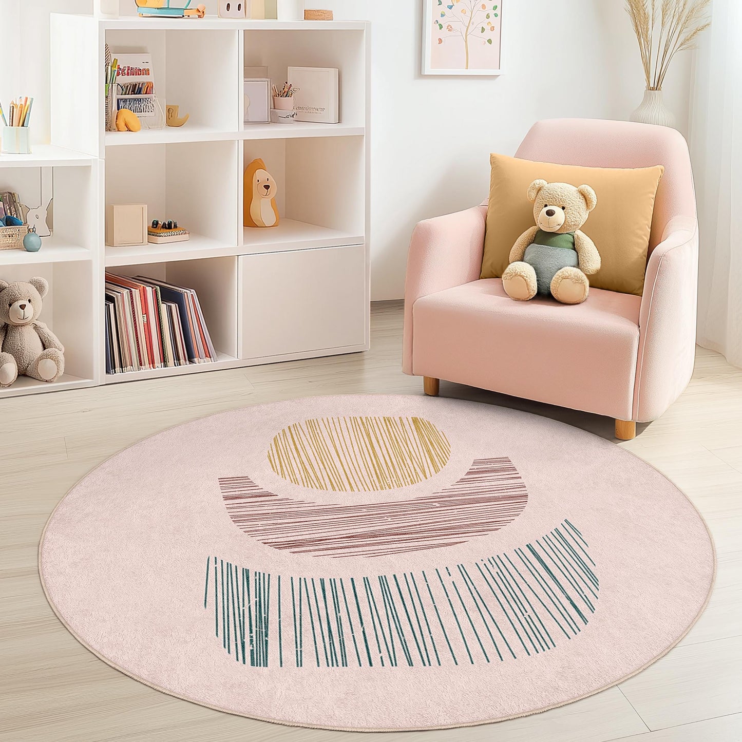 Moderner runder Kinderteppich, Spielzimmerteppich mit abstrakten Formen, weiche Spielmatte, runder Spielbereichsteppich, Boho-Kinderzimmerdeko