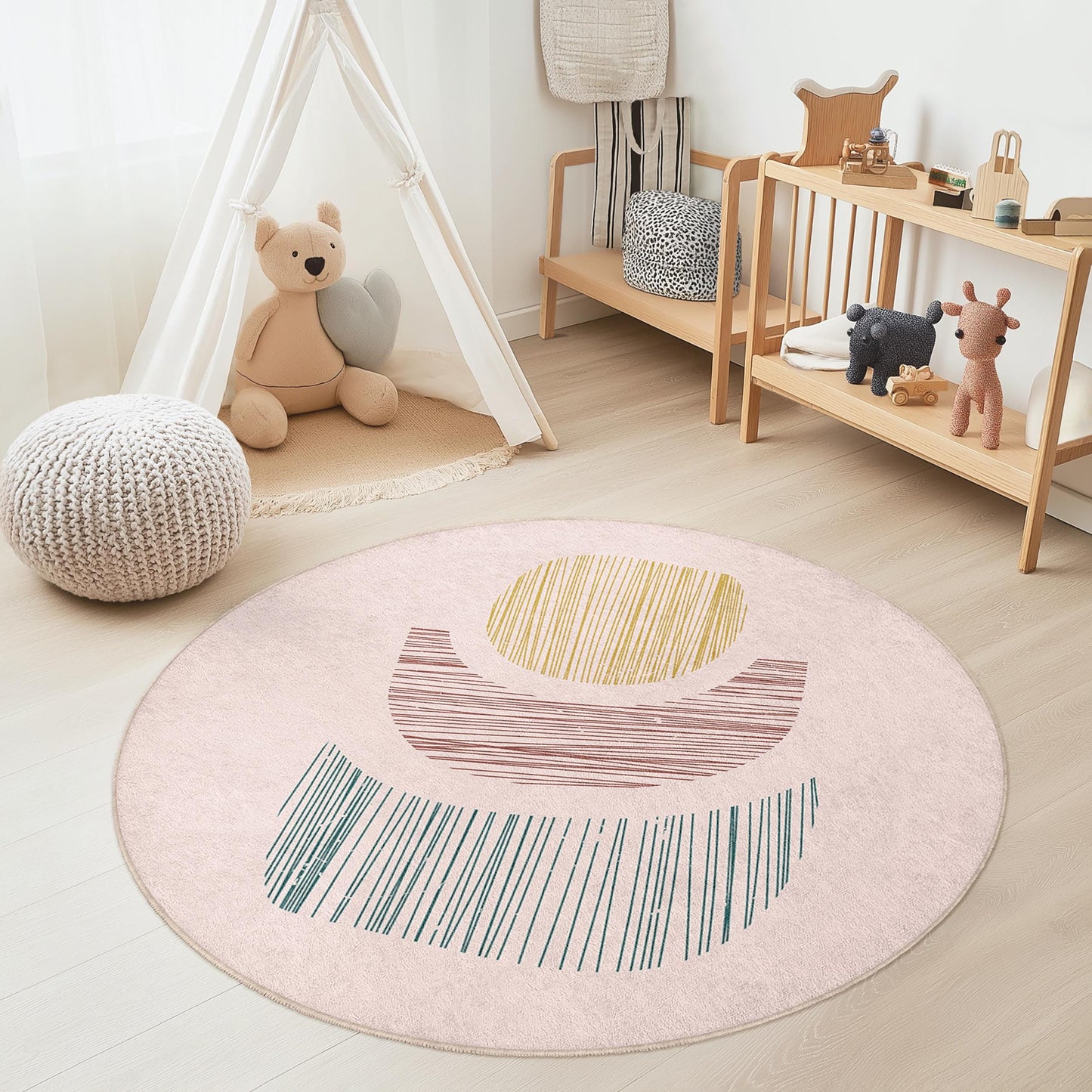 Moderner runder Kinderteppich, Spielzimmerteppich mit abstrakten Formen, weiche Spielmatte, runder Spielbereichsteppich, Boho-Kinderzimmerdeko
