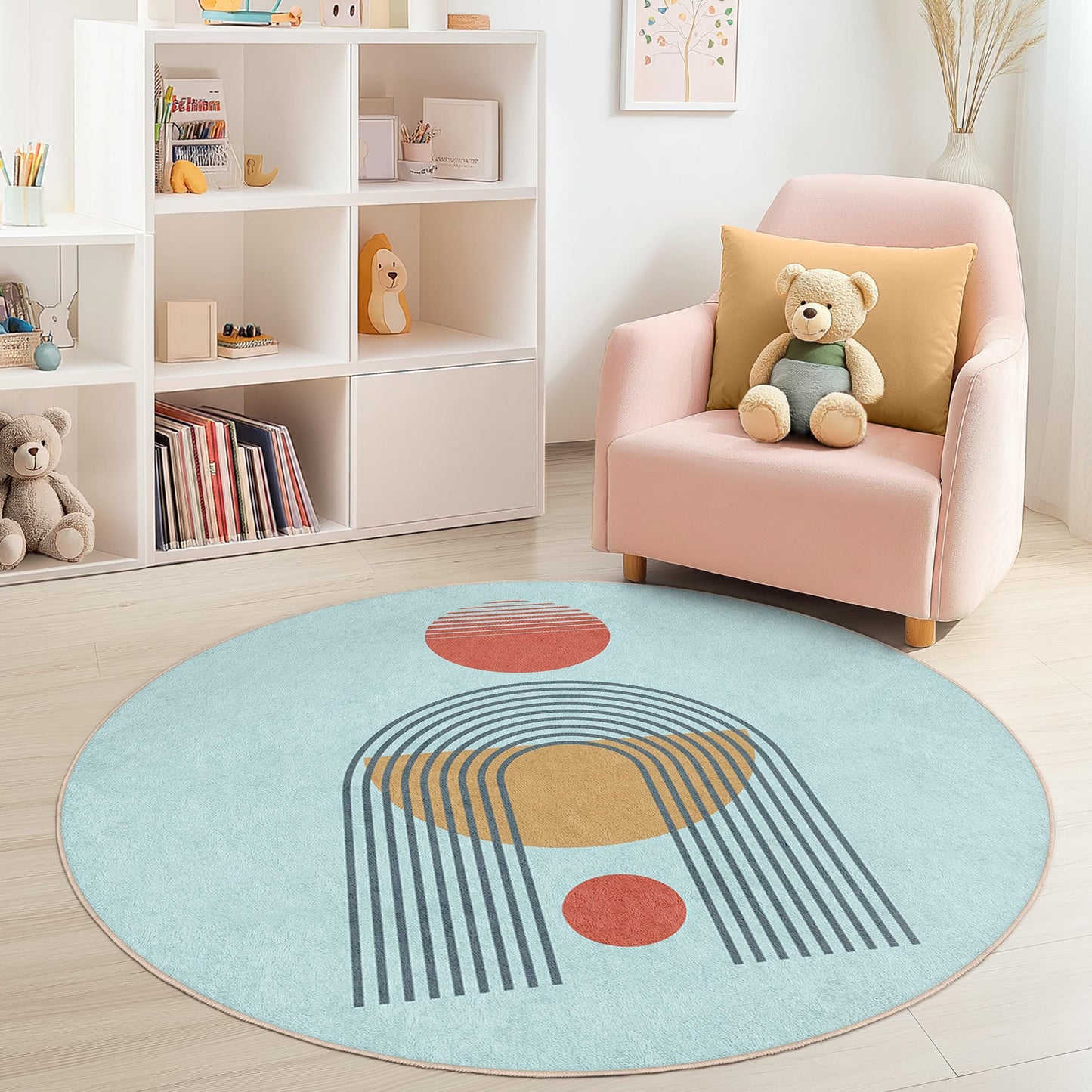 Runder Kinderteppich mit geometrischen Formen, bunte Spielmatte, weicher Kinderzimmerteppich, Teppich fürs Kleinkinderzimmer, Babyzimmerdekoration