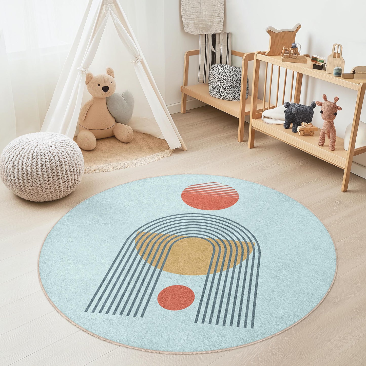 Runder Kinderteppich mit geometrischen Formen, bunte Spielmatte, weicher Kinderzimmerteppich, Teppich fürs Kleinkinderzimmer, Babyzimmerdekoration