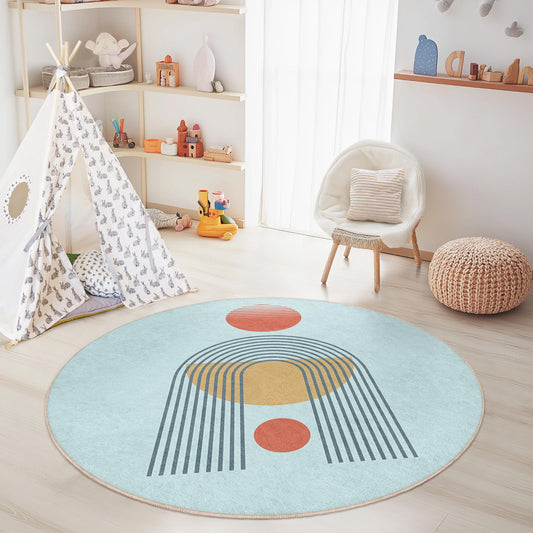 Geometric Shapes Round Kids Rug, Colorful Circle Play Mat, Soft Nursery Rug, Toddler Room Carpet, Baby Room Decor