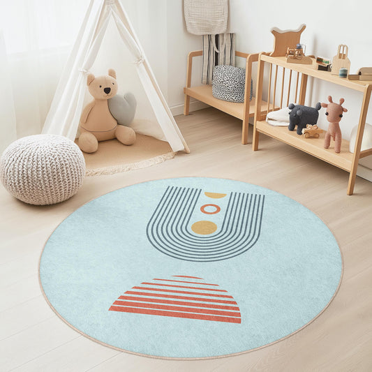 Modern Geometric Round Rug for Kids Room, Stylish Playroom Decor, Soft Circular Carpet, Nursery Area Rug, Colorful Play Mat