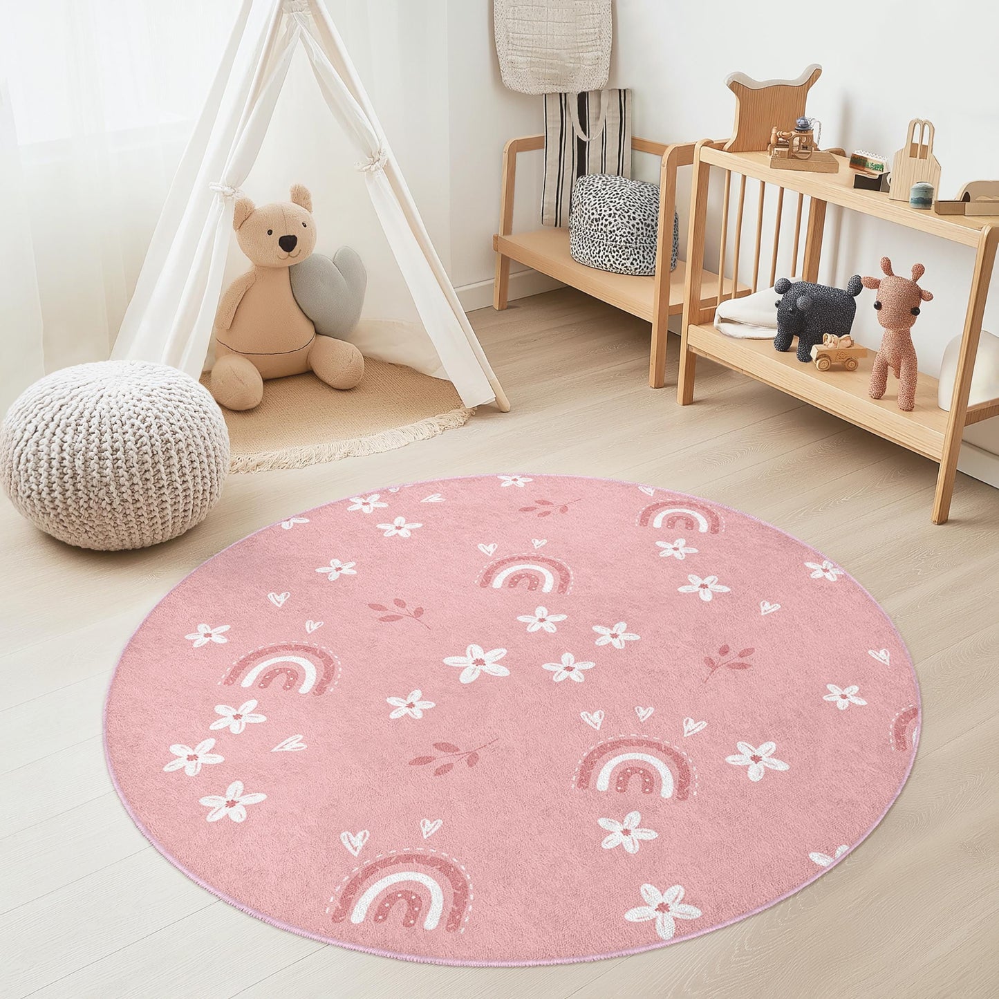 Niedlicher runder Kinderteppich mit rosa Regenbogenblumenmuster, verspieltes Blumenmuster, Kinderzimmerdeko, Babyzimmerteppich, Kinderzimmeraccessoire