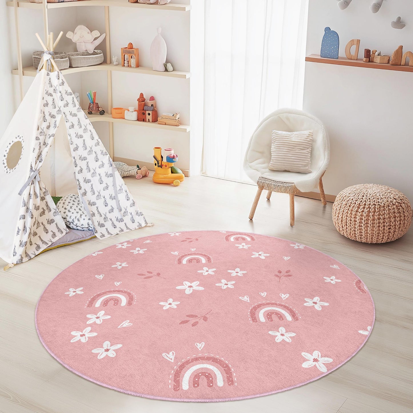 Niedlicher runder Kinderteppich mit rosa Regenbogenblumenmuster, verspieltes Blumenmuster, Kinderzimmerdeko, Babyzimmerteppich, Kinderzimmeraccessoire