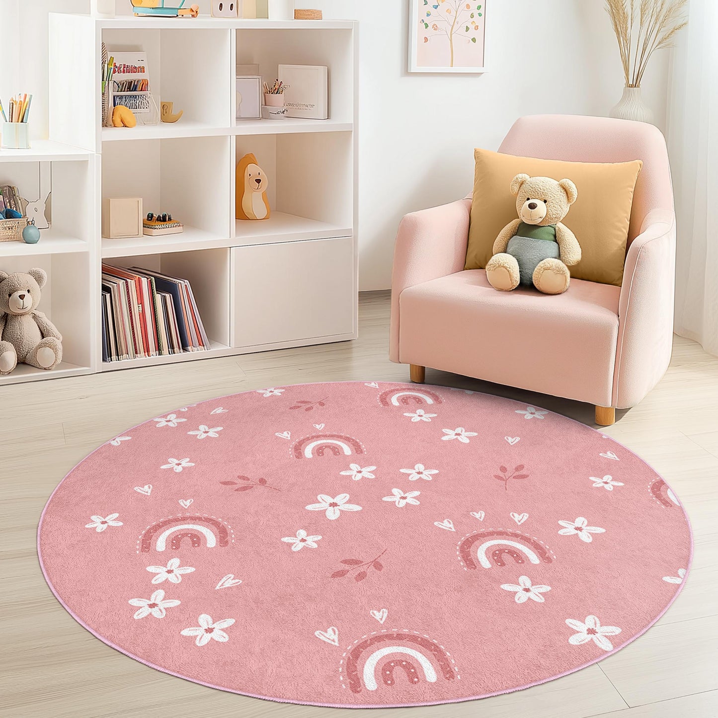 Niedlicher runder Kinderteppich mit rosa Regenbogenblumenmuster, verspieltes Blumenmuster, Kinderzimmerdeko, Babyzimmerteppich, Kinderzimmeraccessoire