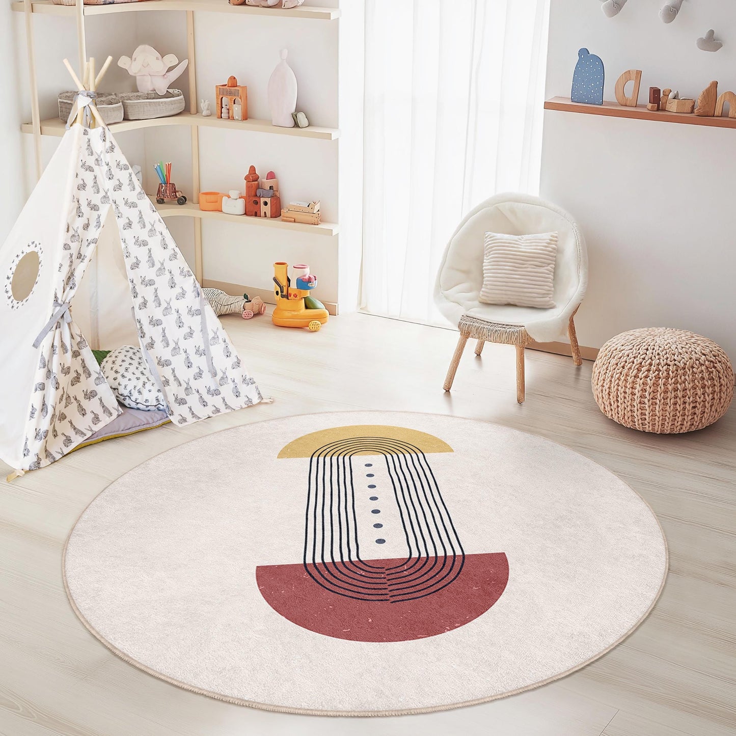 Runder Teppich mit geometrischen Linien, stilvoller runder Teppich fürs Kinderzimmer, moderne runde Spielmatte, Kinderzimmerdekoration, weicher runder Teppich