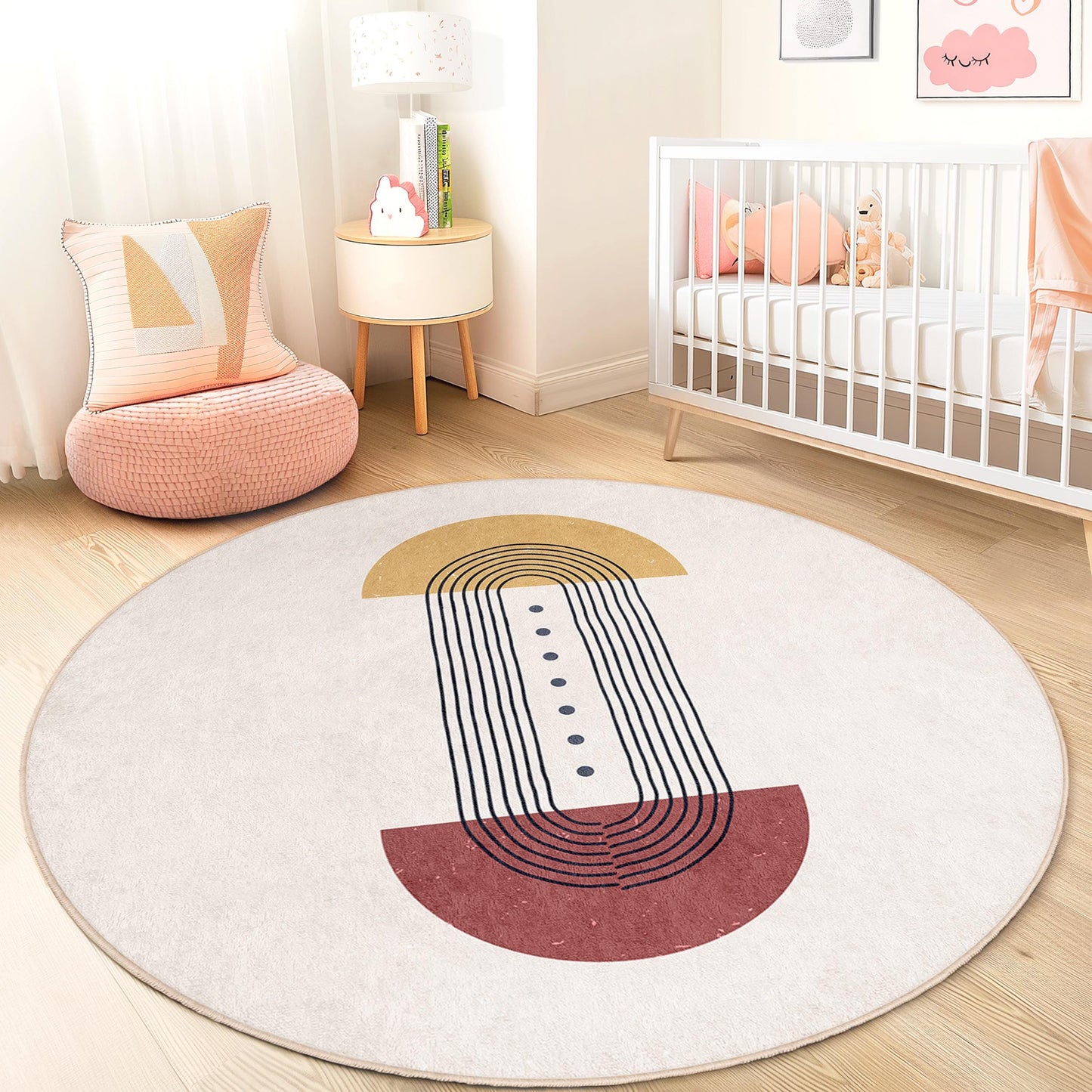 Runder Teppich mit geometrischen Linien, stilvoller runder Teppich fürs Kinderzimmer, moderne runde Spielmatte, Kinderzimmerdekoration, weicher runder Teppich