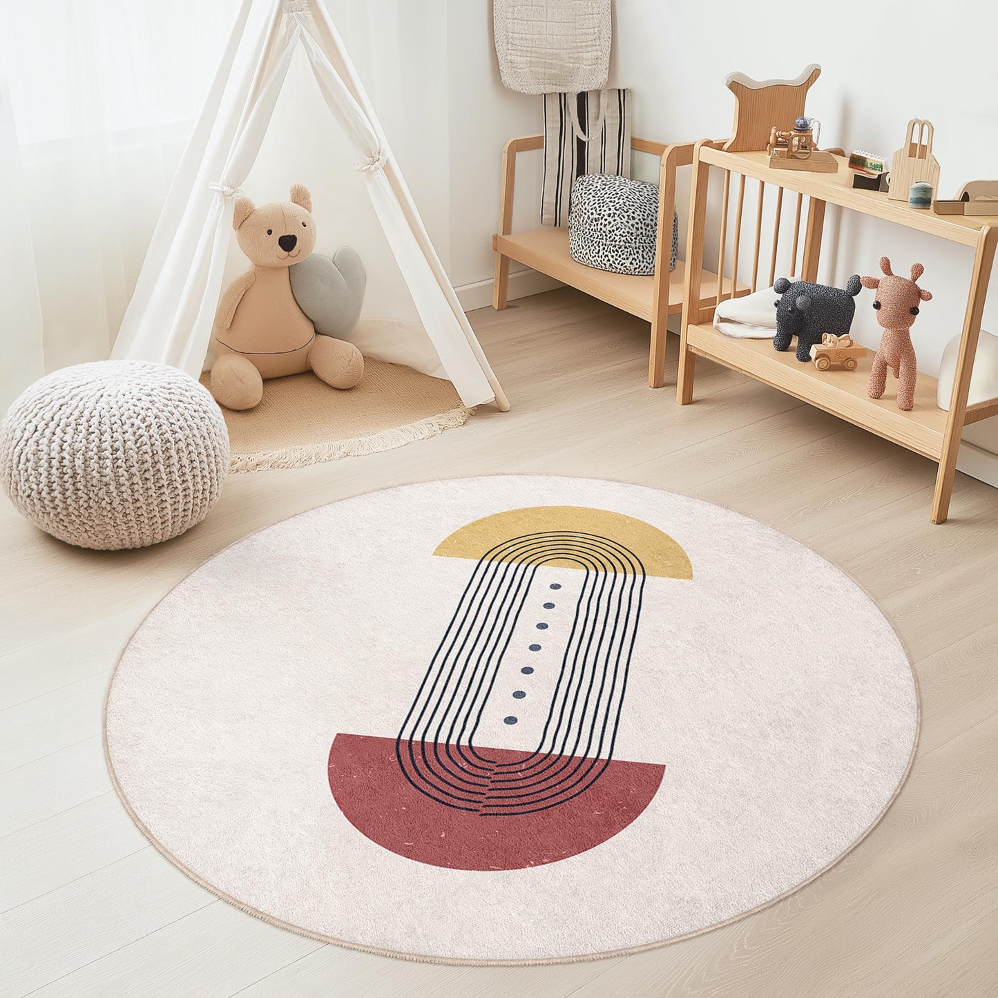 Runder Teppich mit geometrischen Linien, stilvoller runder Teppich fürs Kinderzimmer, moderne runde Spielmatte, Kinderzimmerdekoration, weicher runder Teppich