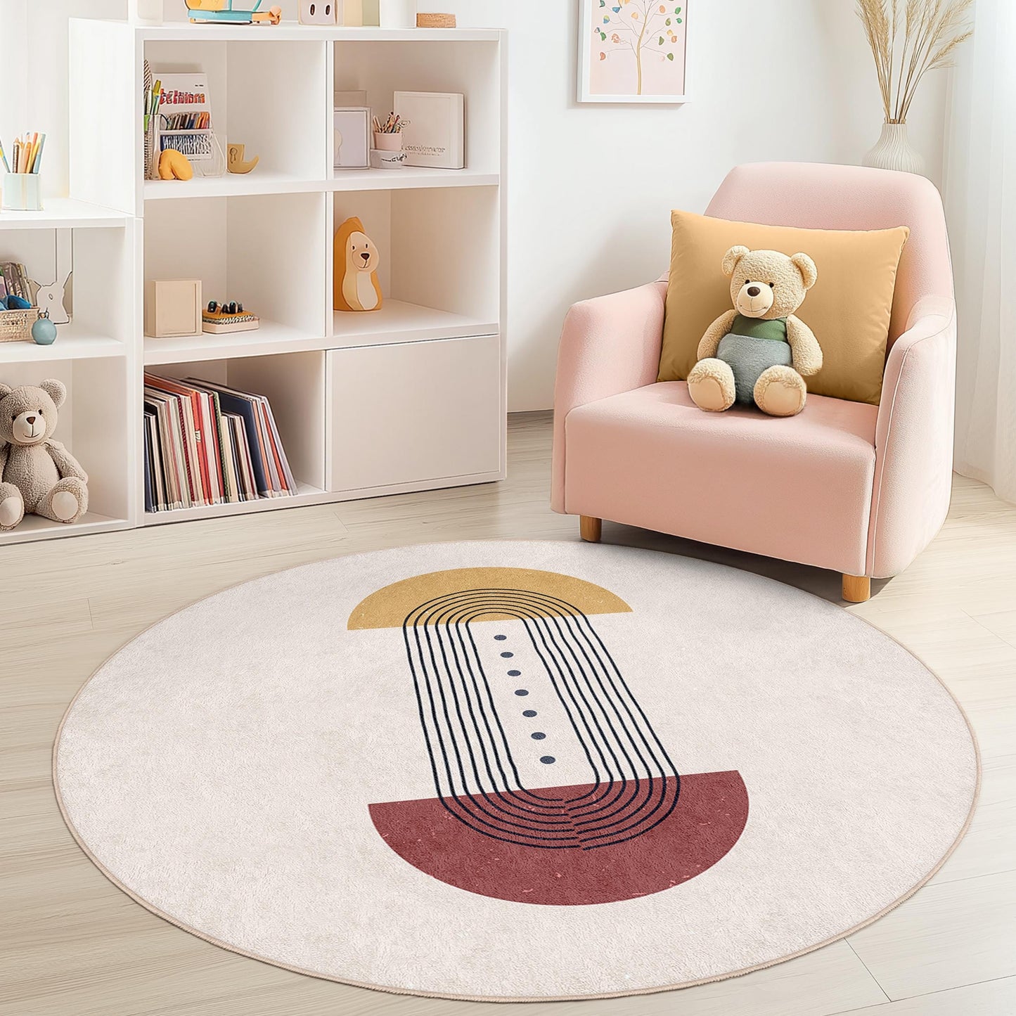 Geometric Lines Round Area Rug, Stylish Round Carpet for Kids Room, Modern Round Play Mat, Nursery Decor, Soft Round Rug