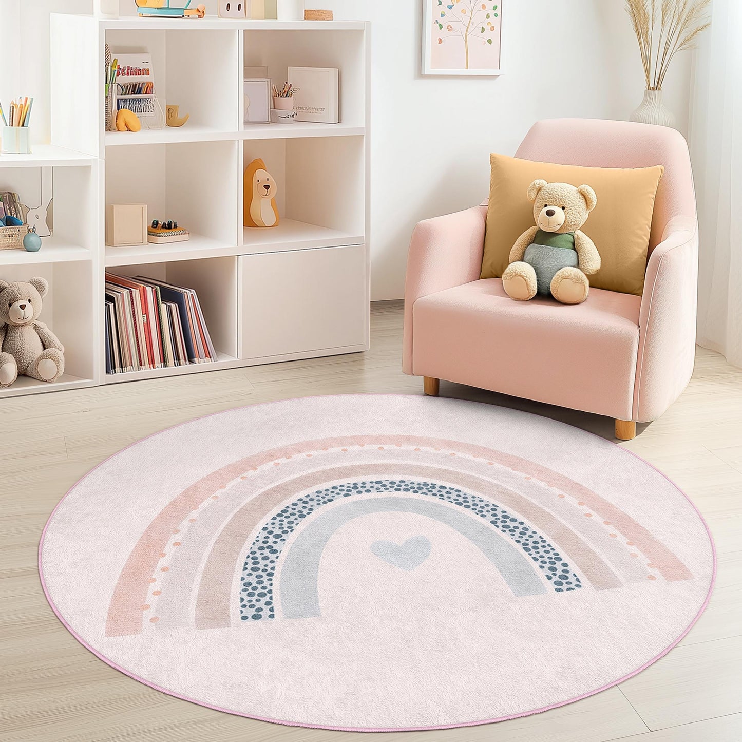 Runder Kinderteppich mit Regenbogenmuster, weicher Teppich fürs Kinderzimmer, Spielmatte, verspielte Kinderzimmerdekoration, pastellfarbener Regenbogen-Teppich