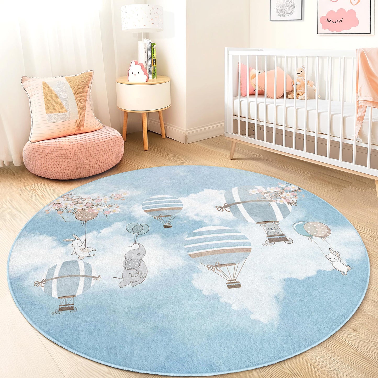 Runder Kinderteppich mit Heißluftballonmotiv, Kinderzimmerdeko, weiche Spielmatte für Kinder, niedlicher Cartoon-Teppich, Bodenbelag für Babyzimmer
