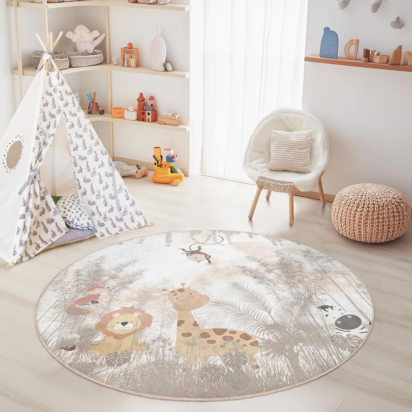 Runder Kinderteppich mit niedlichen Safari-Tieren, Spielmatte mit Tiermotiven, Kinderzimmerdeko, weicher runder Teppich fürs Kinderzimmer, Dschungeltierteppich