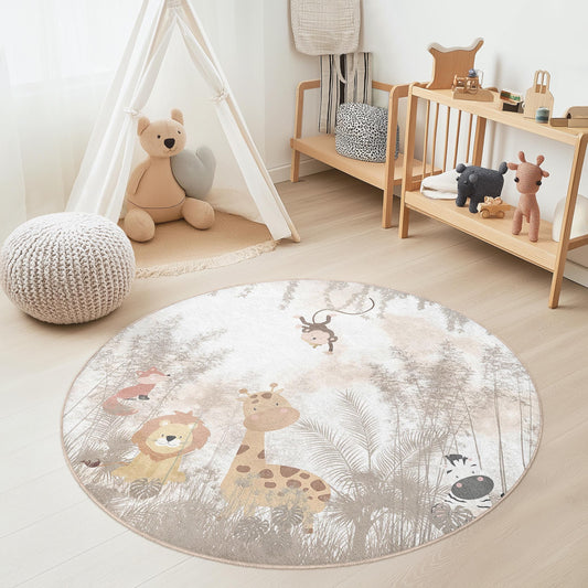 Cute Safari Animals Round Kids Rug, Animal Themed Play Mat, Nursery Decor, Soft Round Carpet for Kids Room, Jungle Animal Rug