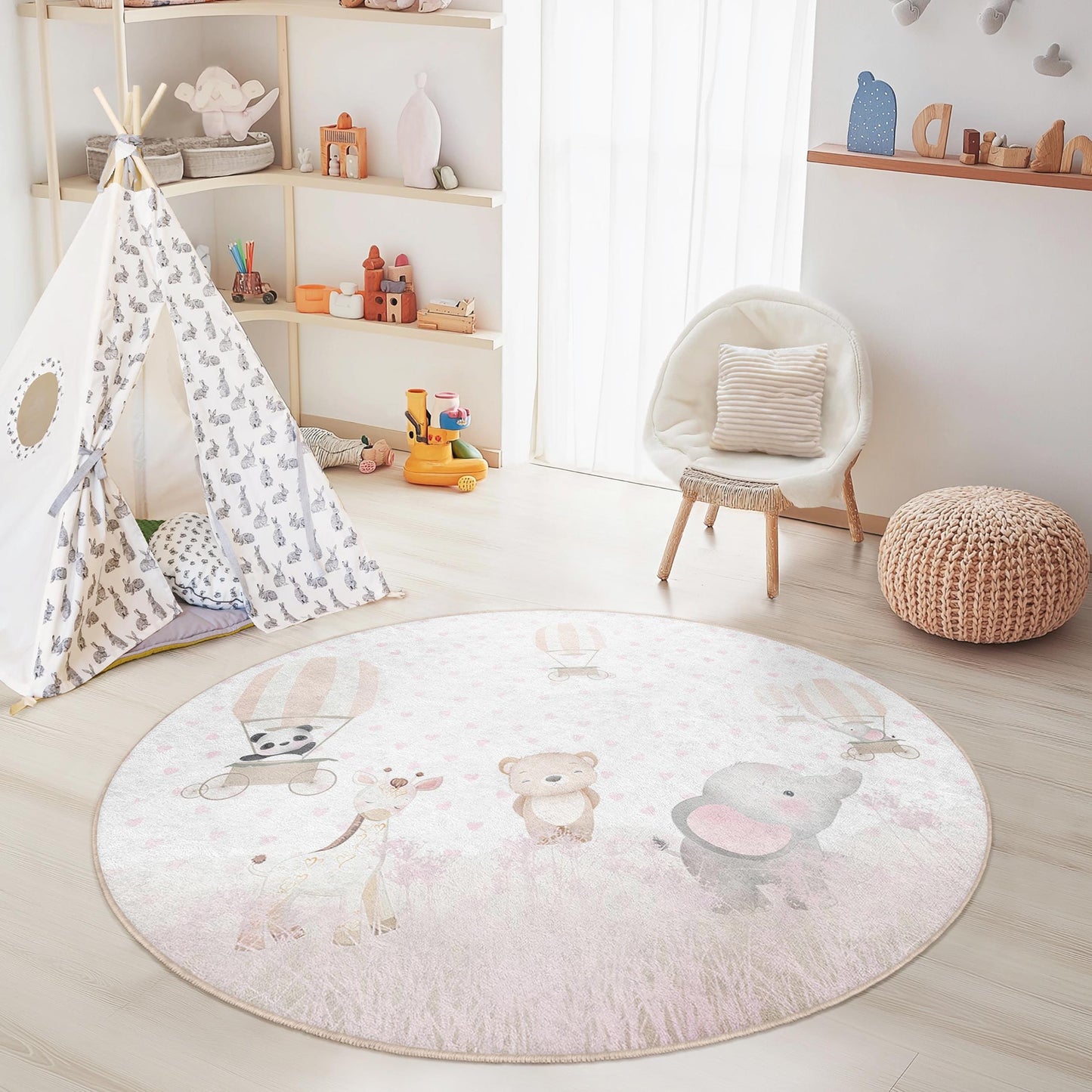 Niedlicher runder Teppich mit Tiermotiv und Heißluftballon für Kinder, verspielte Kinderzimmerdekoration, weicher runder Teppich für Kinderzimmer, Babyzimmerteppich