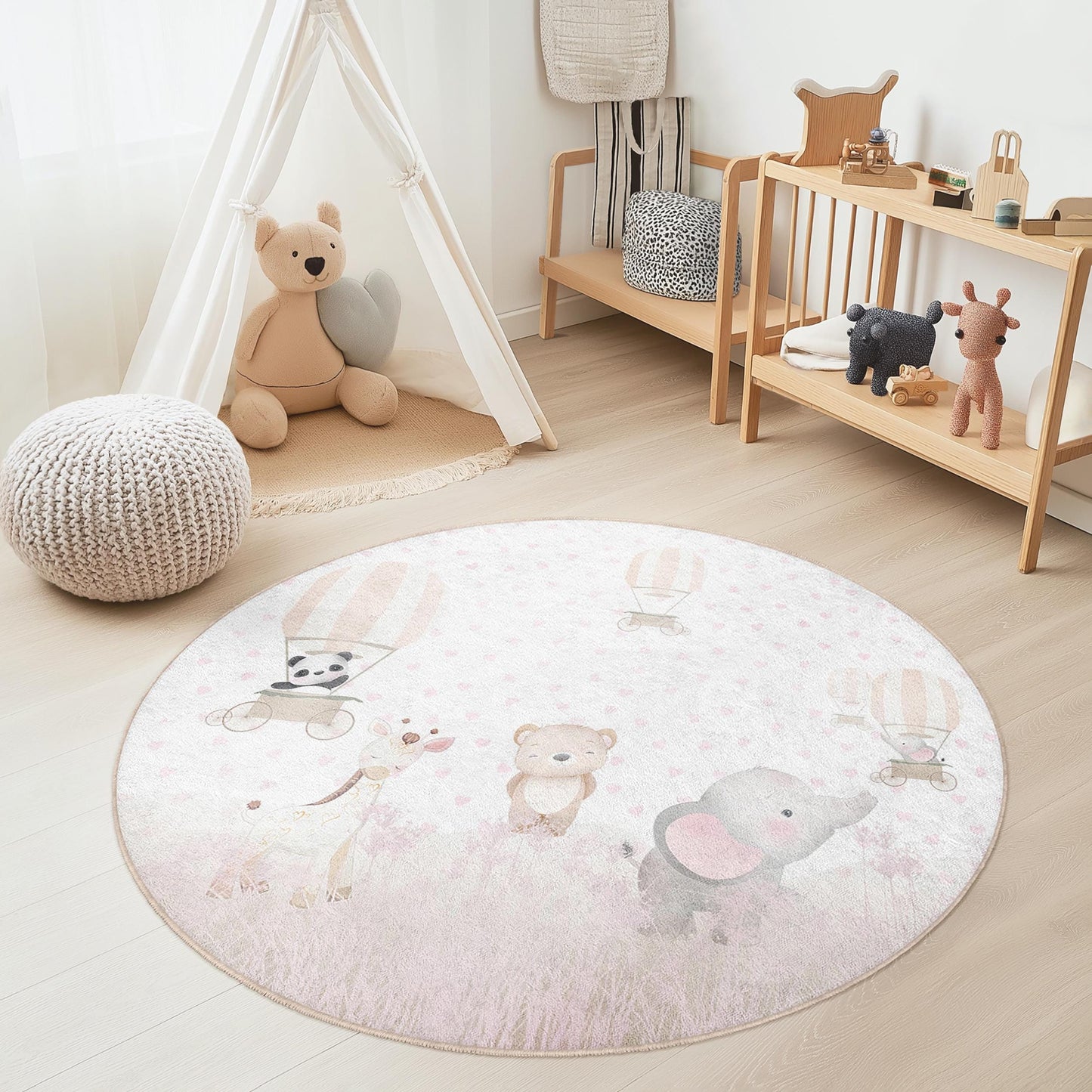 Niedlicher runder Teppich mit Tiermotiv und Heißluftballon für Kinder, verspielte Kinderzimmerdekoration, weicher runder Teppich für Kinderzimmer, Babyzimmerteppich
