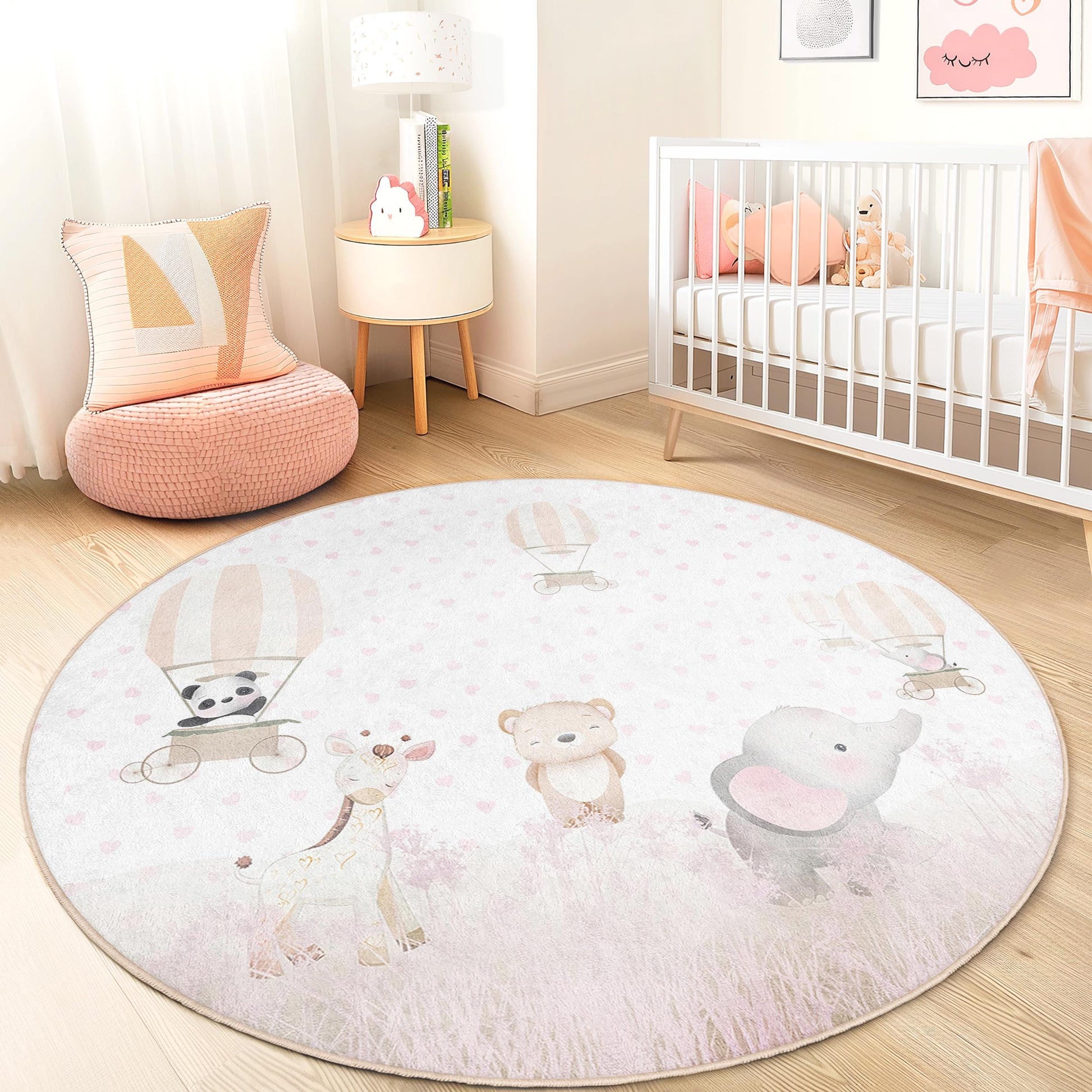 Adorable Animal Hot Air Balloon Round Rug for Kids, Playful Nursery Decor, Soft Round Carpet for Childrens Room, Baby Room Rug
