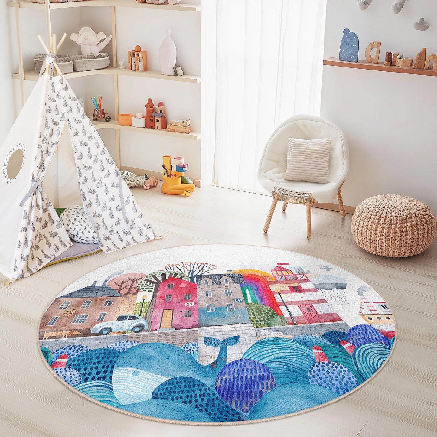 Runder Kinderteppich mit verspieltem Küstenstadt-Motiv, farbenfroher Strandhaus-Teppich, Spielzimmerdekoration, Teppich im maritimen Stil, weiche Babymatte