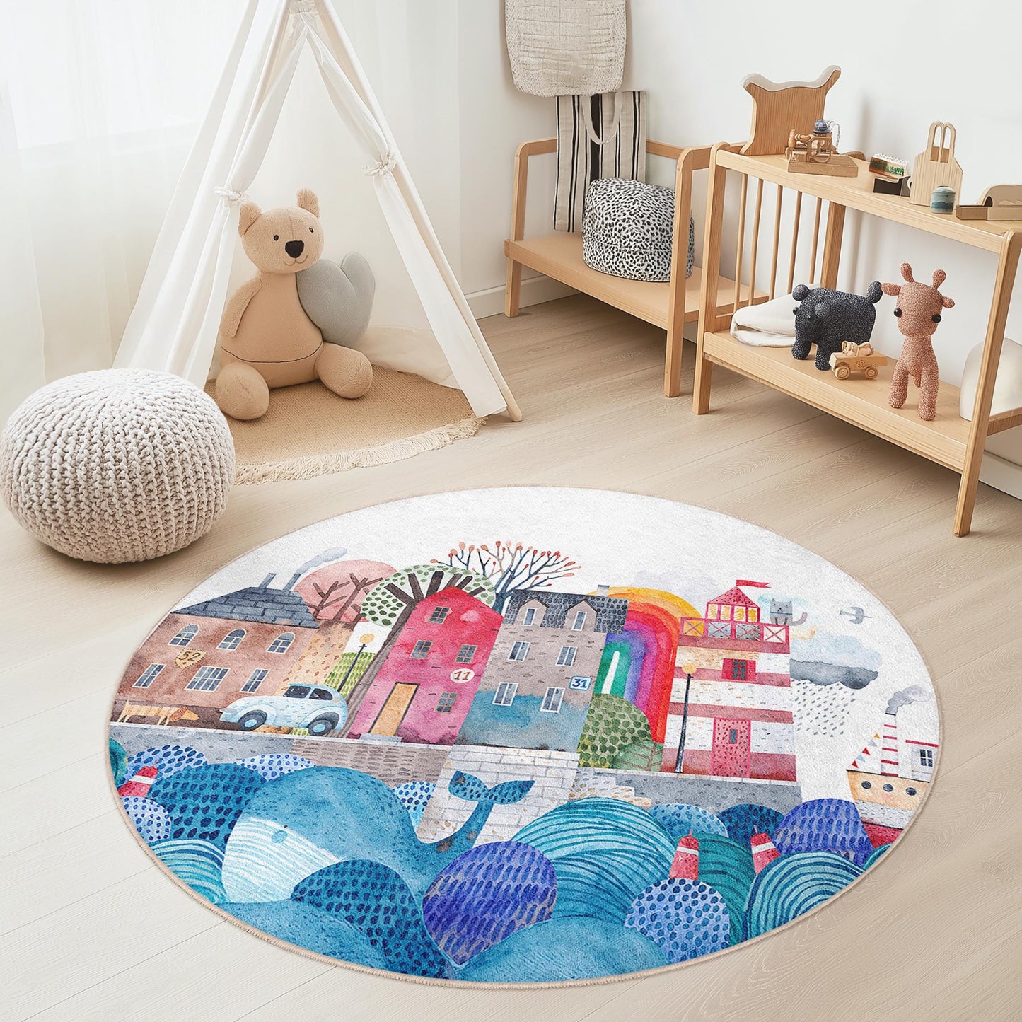 Runder Kinderteppich mit verspieltem Küstenstadt-Motiv, farbenfroher Strandhaus-Teppich, Spielzimmerdekoration, Teppich im maritimen Stil, weiche Babymatte