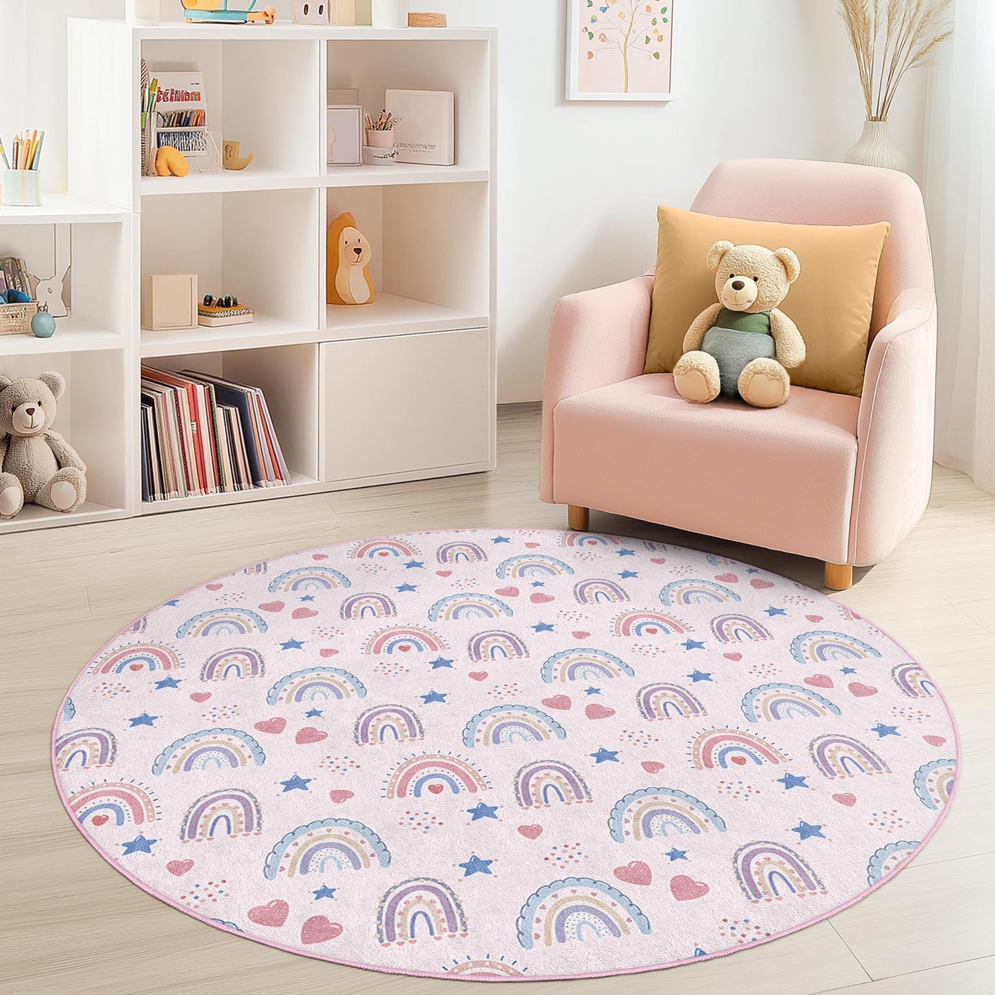 Runder, weicher Kinderteppich „Regenbogenträume“, bunter Regenbogen-Teppich, Spielzimmer-Deko, Kinderzimmerteppich, Teppich für Kleinkinderzimmer, Spielmatte