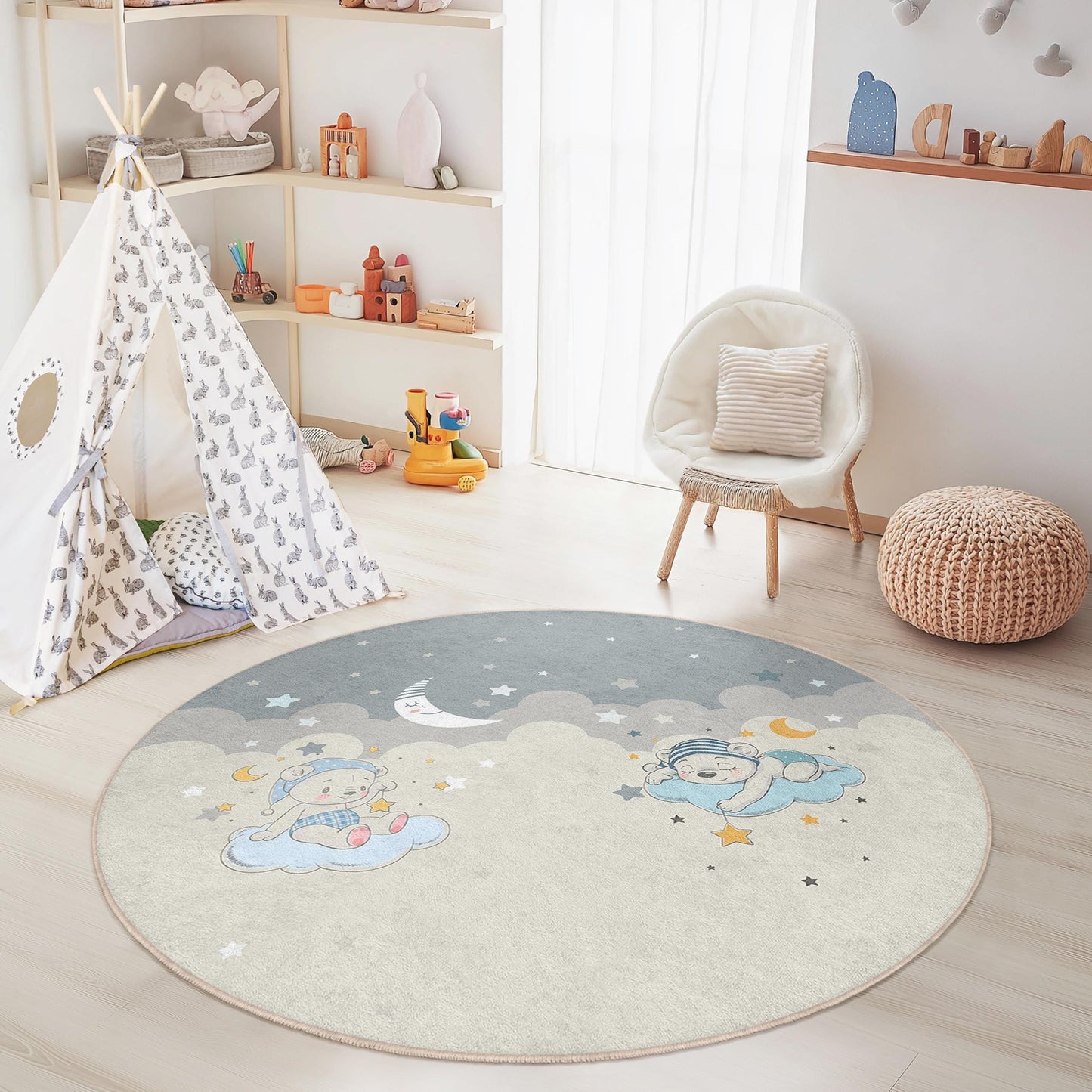 Runder Kinderteppich „Traumhafte Wolken“, Kinderzimmerdeko, Spielmatte mit Bärenmotiv, weicher Babyzimmerteppich, bezaubernder Kinderzimmerteppich, Teppich „Süße Träume“