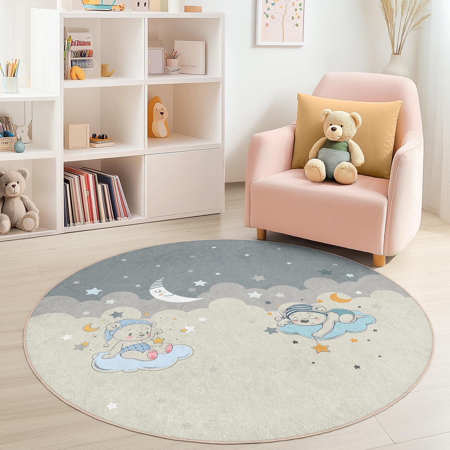Runder Kinderteppich „Traumhafte Wolken“, Kinderzimmerdeko, Spielmatte mit Bärenmotiv, weicher Babyzimmerteppich, bezaubernder Kinderzimmerteppich, Teppich „Süße Träume“