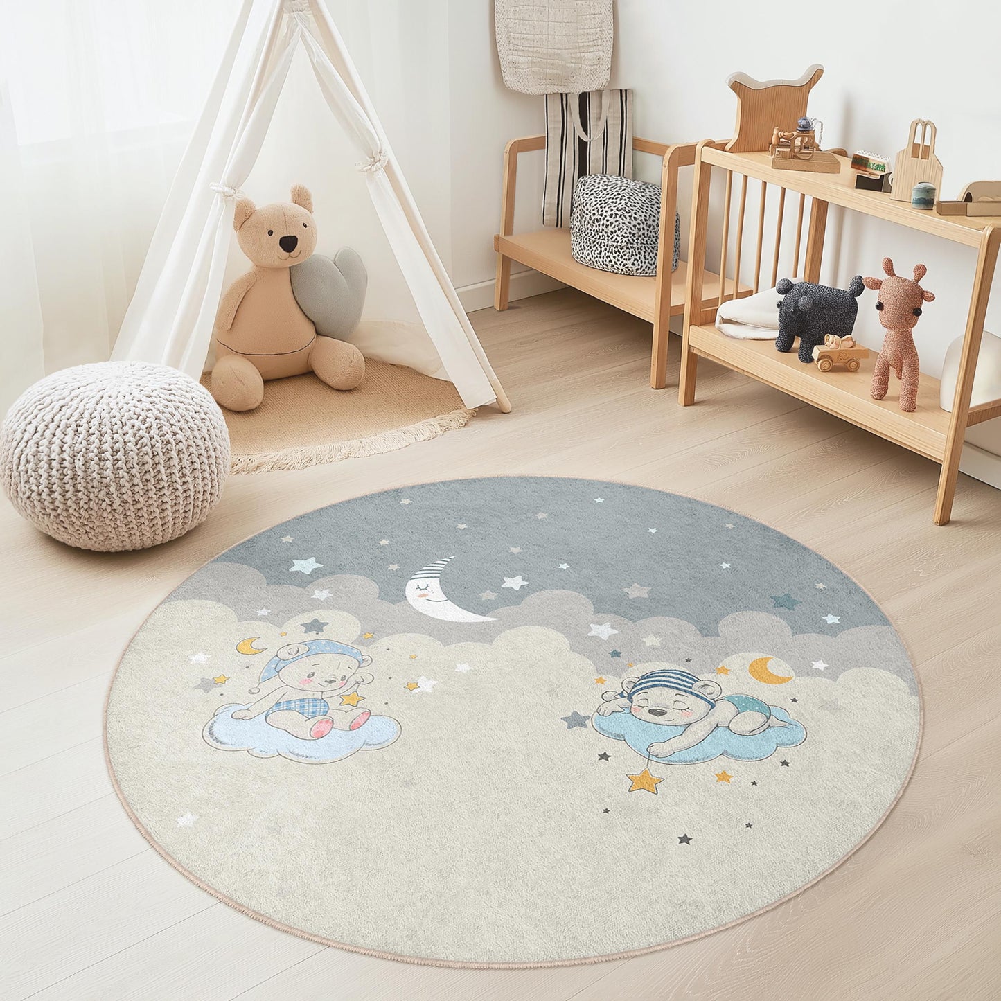 Runder Kinderteppich „Traumhafte Wolken“, Kinderzimmerdeko, Spielmatte mit Bärenmotiv, weicher Babyzimmerteppich, bezaubernder Kinderzimmerteppich, Teppich „Süße Träume“
