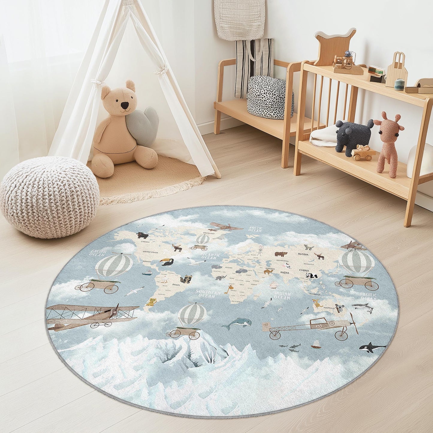Runder Kinderteppich mit Weltkartenmotiv, Flugzeug- und Heißluftballon-Design, weicher Kinderzimmerteppich, Spielzimmerdekoration, pädagogische Spielmatte