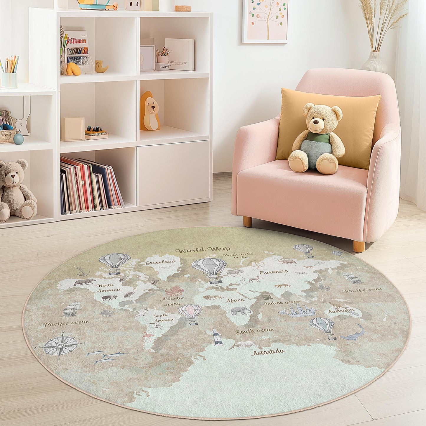 Runder Spielteppich mit Weltkarte für Kinder, Lernteppich für Kinder, Kinderzimmerdekoration, interaktive Lernmatte, weicher runder Teppich