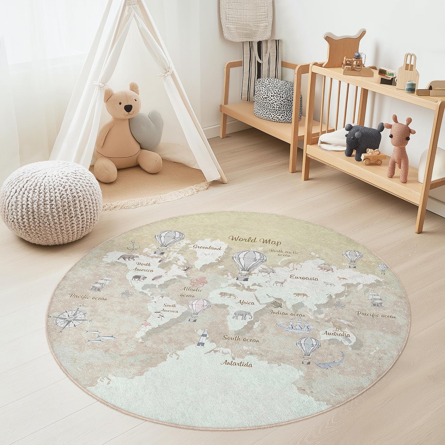 Runder Spielteppich mit Weltkarte für Kinder, Lernteppich für Kinder, Kinderzimmerdekoration, interaktive Lernmatte, weicher runder Teppich